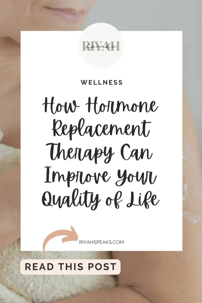 Close up of a woman's arm as she applies her HRT cream with a white overlay box and black cursive text which says How Hormone Replacement Therapy Can Improve Your Quality of Life.