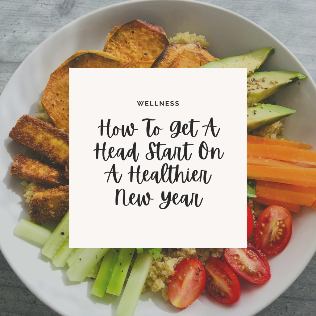 Delicious healthy dish with couscous and fresh vegetables taken by Mirela Missmg Gi. There is a white square box with black cursive writing on top that says How To Get A Head Start On A Healthier New Year