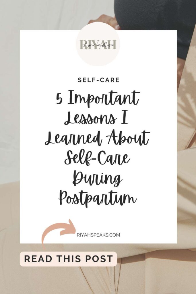 There is a Young working mother cuddling baby and using laptop at home. On top of the image there is a white square with bold black script letters that says five important lessons I learned about self care during postpartum