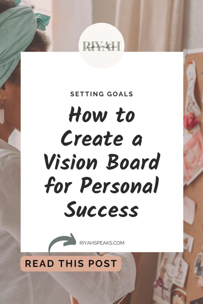 There is an image of a Interior Designer Creating a Mood Board. On top of the image there is a white rectangle and bold black writing with the title of the blog post. How to Create a Vision Board for Personal Success.