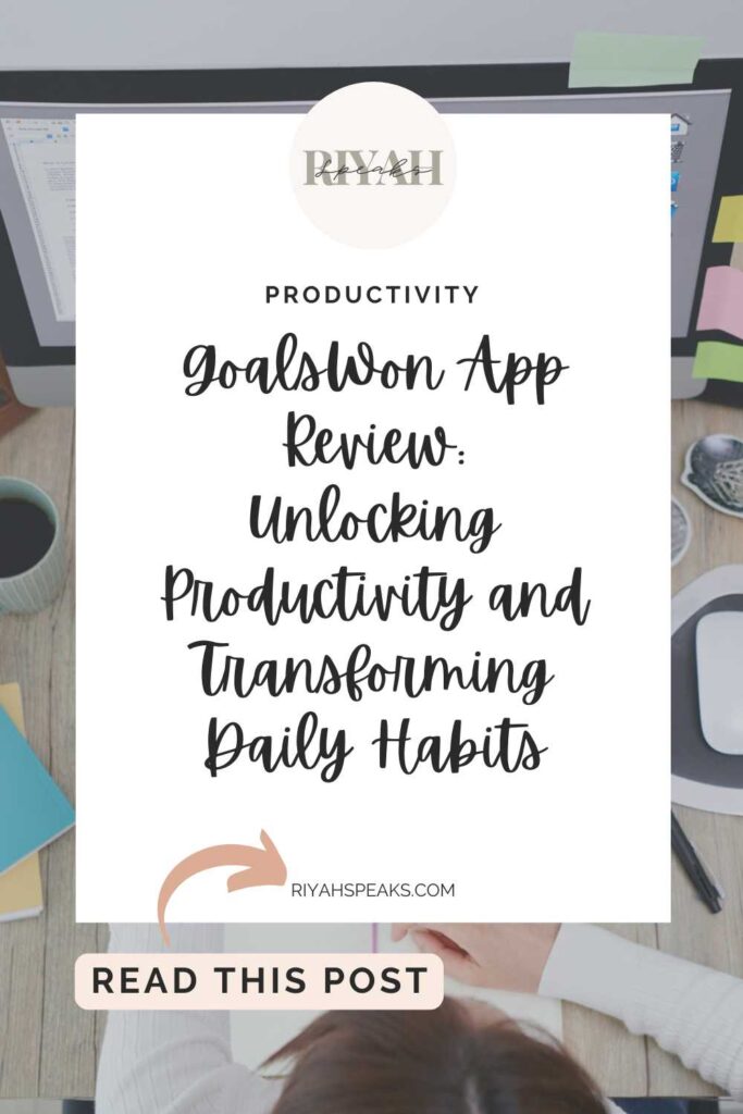 Workspace with Productivity Tools and Documents with a white square box on top. There is black bold cursive letters in the box that says GoalsWon App Review: Unlocking Productivity and Transforming Daily Habits.