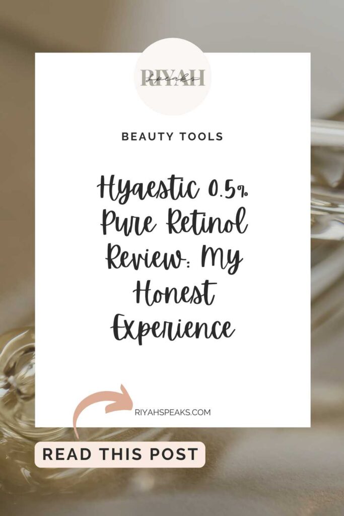 Pipettes with Oil or Serum on a Golden Background with a white square box and black cursive writing that says Hyaestic 0.5% Pure Retinol Review My Honest Experience